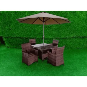 Canopy Outdoor Square Dining Table + 4 Chairs + Umbrella
