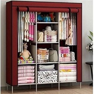 3Column Wooden Portable Wardrobe-Maroon