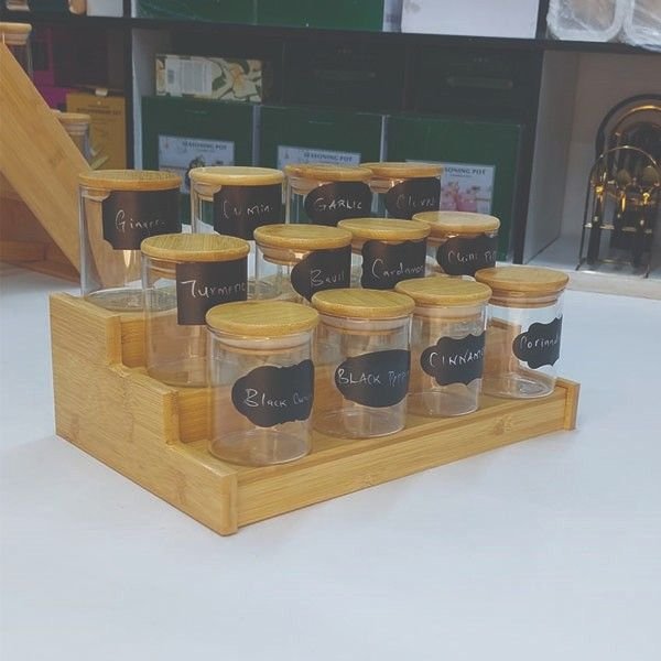 12pcs Glass Spice Jar Set With A Wooden Bamboo Stand