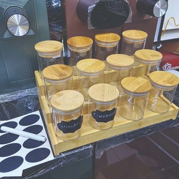 12pcs Glass Spice Jar Set With A Wooden Bamboo Stand