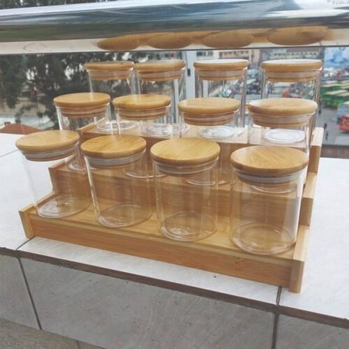 12pcs Glass Spice Jar Set With A Wooden Bamboo Stand