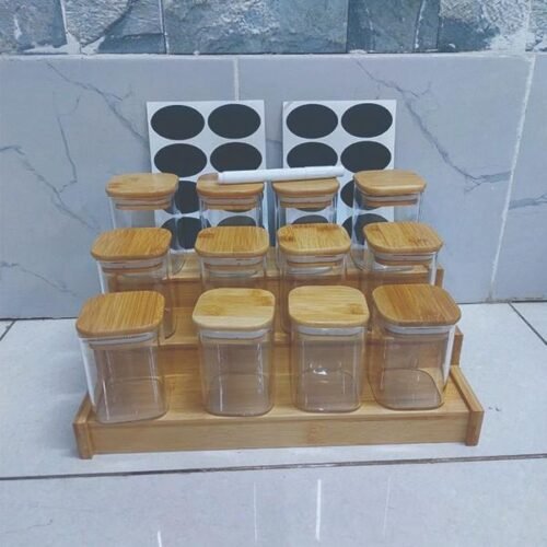 12pcs Square Glass Spice Jar Set With A Wooden Bamboo Stand