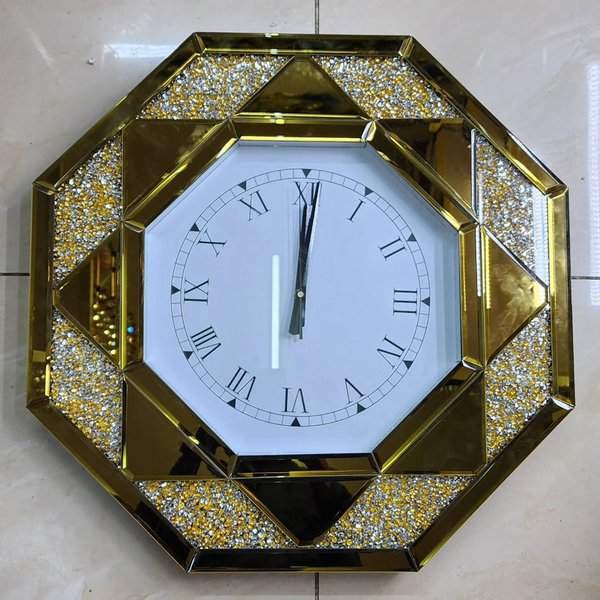 Octagon Gold Crystal Mirrored Decorative Wall Clock