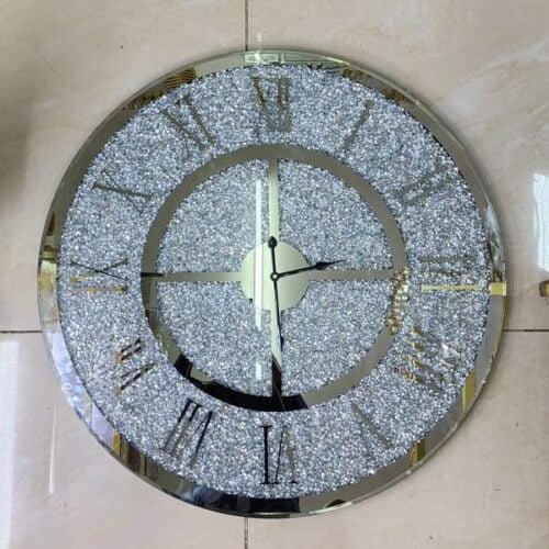 Big Silver Crystal Mirrored Decorative Wall Clock