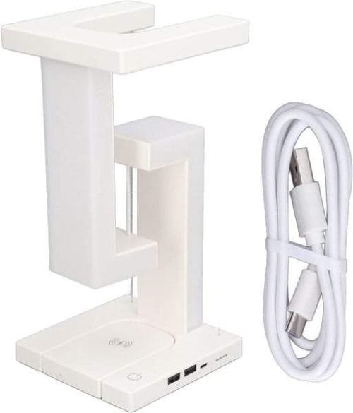 About this item 【WIRELESS CHARGER BEDSIDE LAMP】Magnetic levitating light adopted phone wireless charging design, allow you no need to struggle to find a charging cable. It can charge your mobile phone while working, studying, reading and sleeping, bringing great convenience to your life. 【3 GEARS DIMMABLE】The LED desk lamp adopted touch switch, with high sensitivity, and 3 lighting gears for you to adjust. Stable light without flicker or glare, which can provide warm light for dark night and create a comfortable home atmosphere. 【ARTISTIC DESKTOP DECOR】Magnetic levitating desk lamp is a great addition to your work desk, living room or bedroom nightstand, attracting people's attention and making your desktop look beautiful. 【EXCELLENT MATERIAL & STABLE TOP】Magnetic levitating table light made of ABS material, firm and sturdy, not easy to damage and broken, which can be folded for easy to carry. When the table lamp is suspended and in a balance state, the top surfaces can bear about 1kg of items, such as books, flower pots and other items. LED Antigravity Night Light with a wireless Charger
