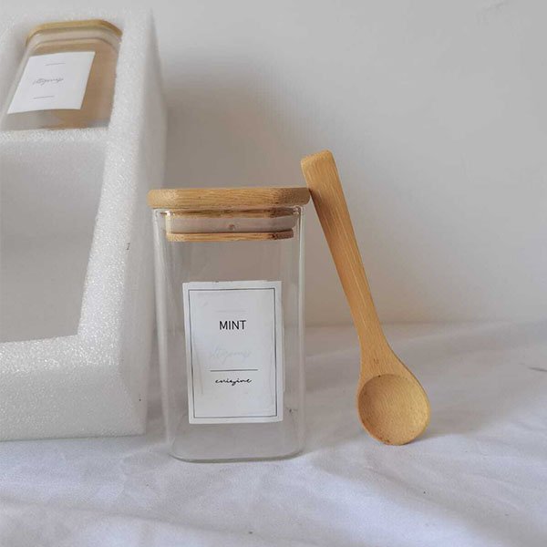 6-pack Square Glass Jars with Bamboo lid And Spoon 6