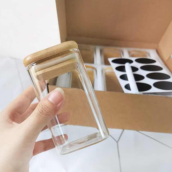 6-pack Square Glass Jars with Bamboo lid And Spoon 8