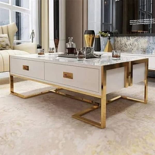 Metallic Frame Wooden Coffee Table with a Glass Top