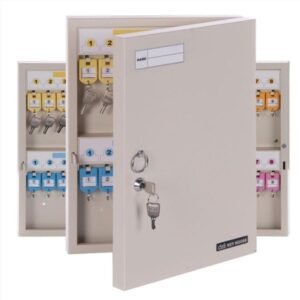 Grey metal key cabinet with tags