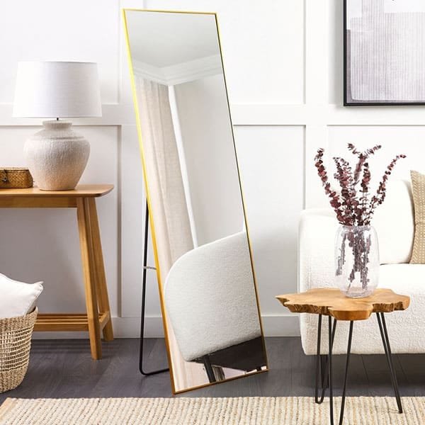 Stand alone mirror with metallic frame