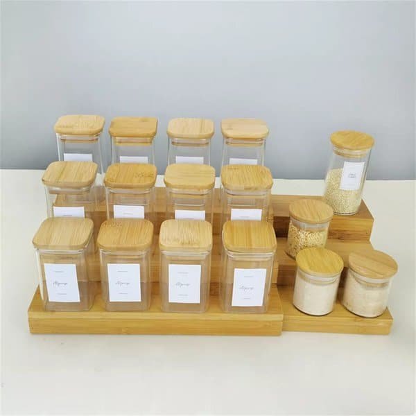 12pcs Square Glass Spice Jar Set With A Wooden Bamboo Stand