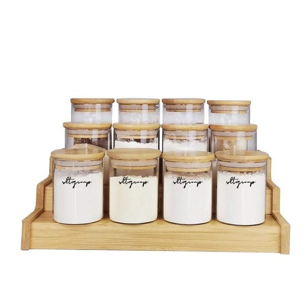 12pcs Glass Spice Jar Set With A Wooden Bamboo Stand
