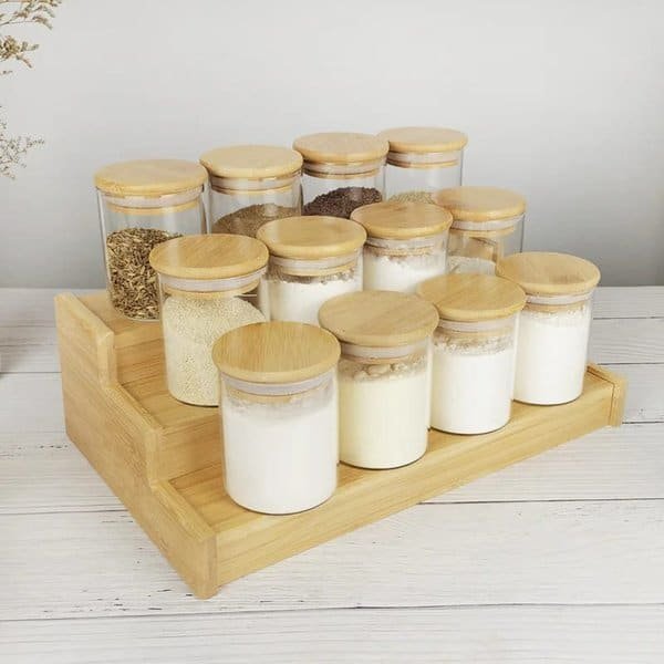 12pcs Glass Spice Jar Set With A Wooden Bamboo Stand