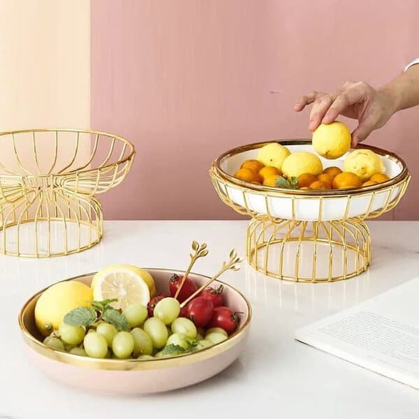Modern Ceramic Tall Fruit Plate Golden Hollow Dessert Snack Plate Cake Stand Golden Border Jewelry Cosmetic Rack Home Decoration