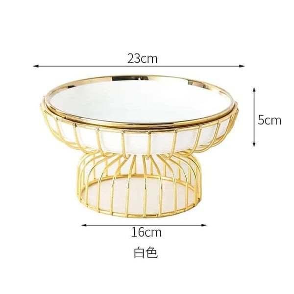 Modern Ceramic Tall Fruit Plate Golden Hollow Dessert Snack Plate Cake Stand Golden Border Jewelry Cosmetic Rack Home Decoration