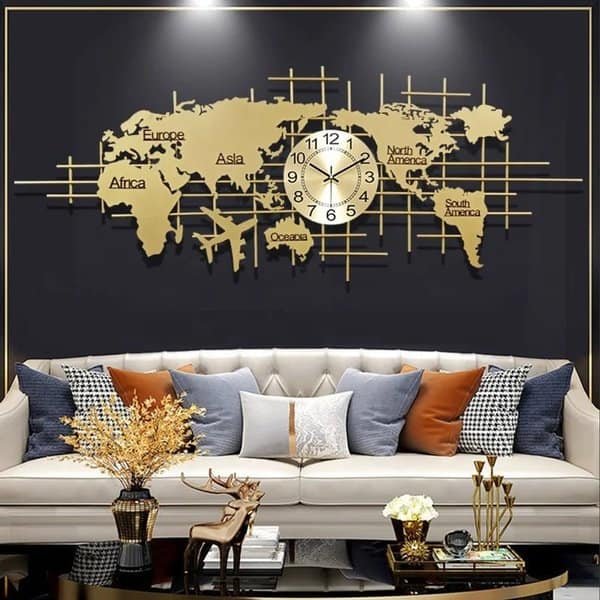 Large Size Decorative World Map Metallic Silent Wall Clock