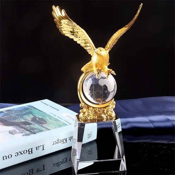 Metal Eagle Sculpture Trophy with Crystal Globe crystal base for sale