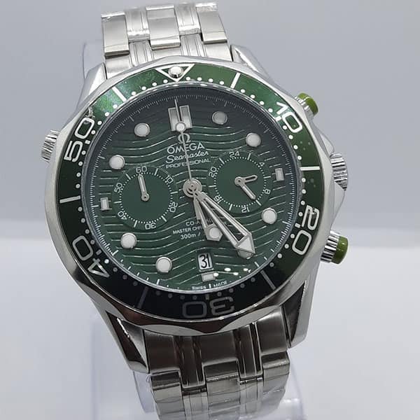 omega seamaster watch silver and green