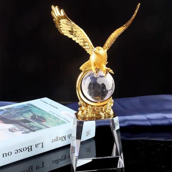 Metal Eagle Sculpture Trophy With Crystal Globe Crystal Base