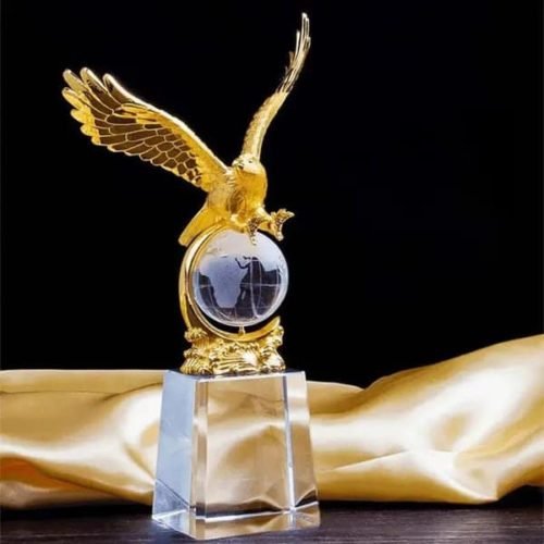 Metal Eagle Sculpture Trophy With Crystal Globe Crystal Base