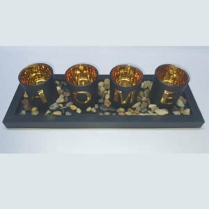 Home - Branded 4pc Glass Candle Holder Set With Wooden Placement And Rock Pebbles