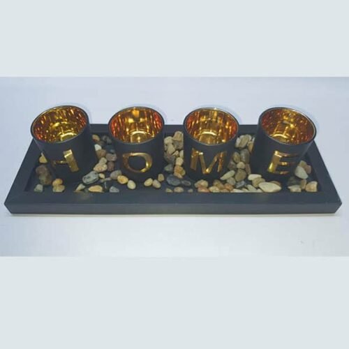 Home - Branded 4pc Glass Candle Holder Set With Wooden Placement And Rock Pebbles