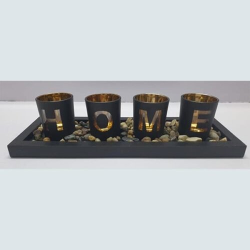 Home - Branded 4pc Glass Candle Holder Set With Wooden Placement And Rock Pebbles