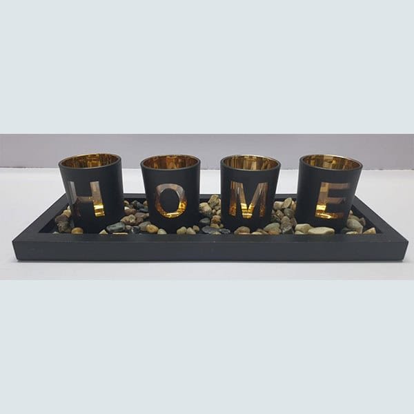 HOME – Branded 4pc Glass Candle Holder set with Wooden Placement and Rock Pebbles 2