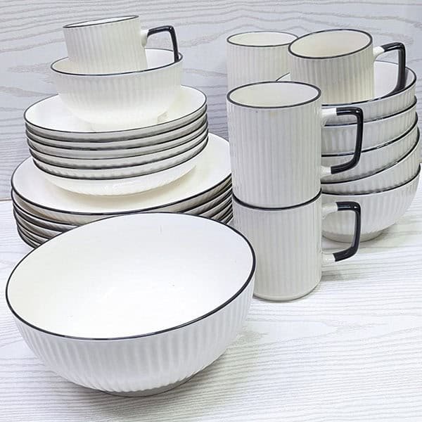 25pcs Concise White Ceramic Dinner Set With Black Rim