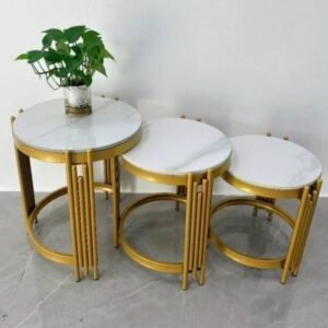 3pc Round Marble Nesting Tables in Golden Stands