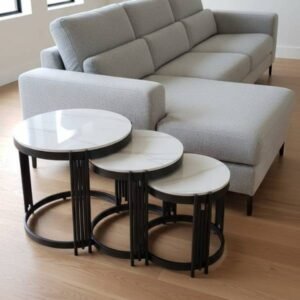 3pc Round Marble Nesting Tables in Black Stands