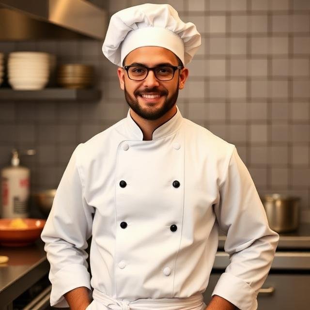 Hospitality kitchen staff in professional uniforms and protective wear