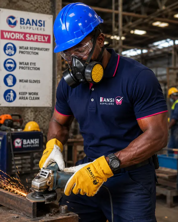 Worker wearing respiratory protection in an industrial workplace in Kenya